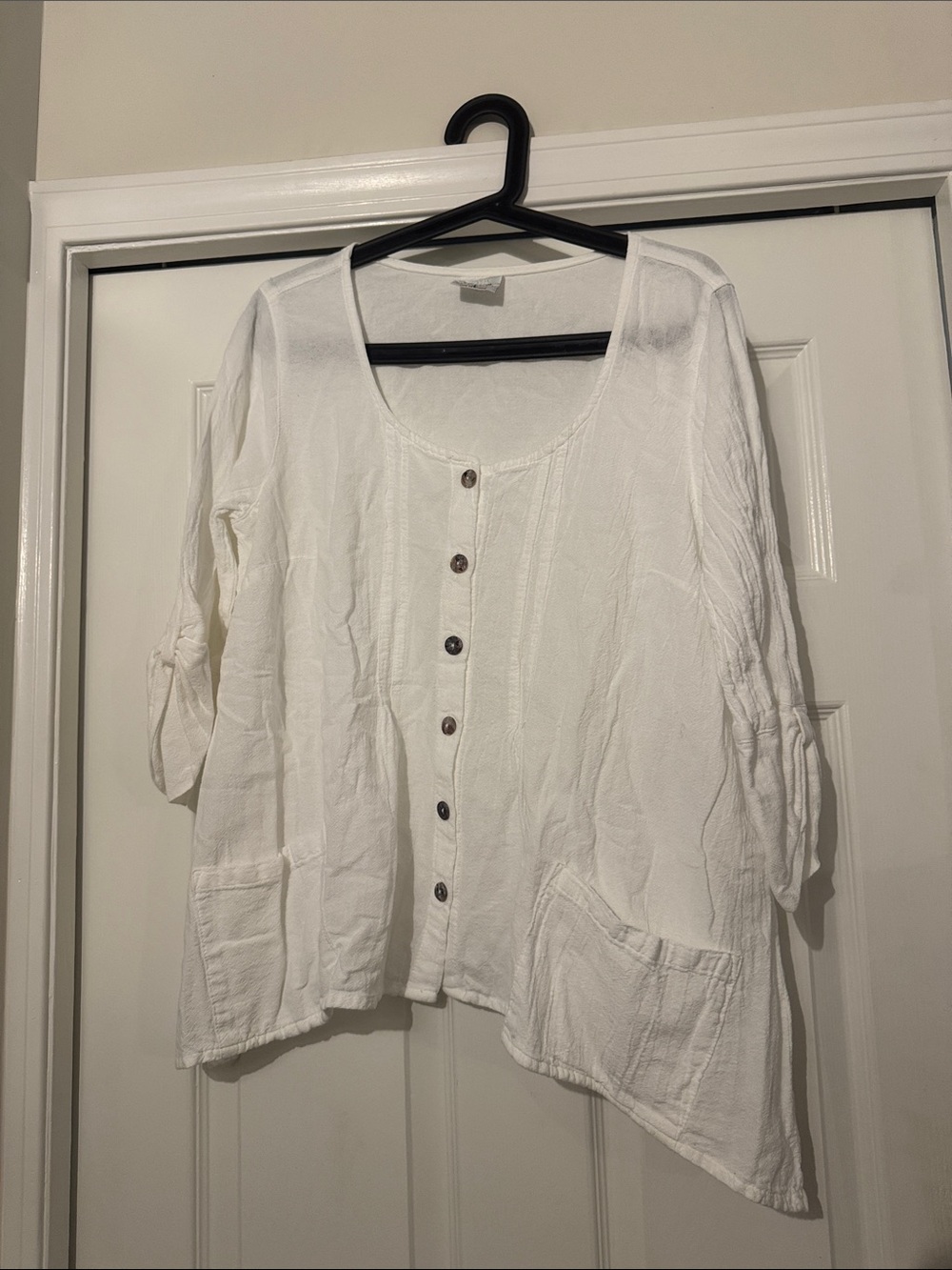 Relaxed White Button-Front Scoop Neck Shirt by Color me Cotton made in USA